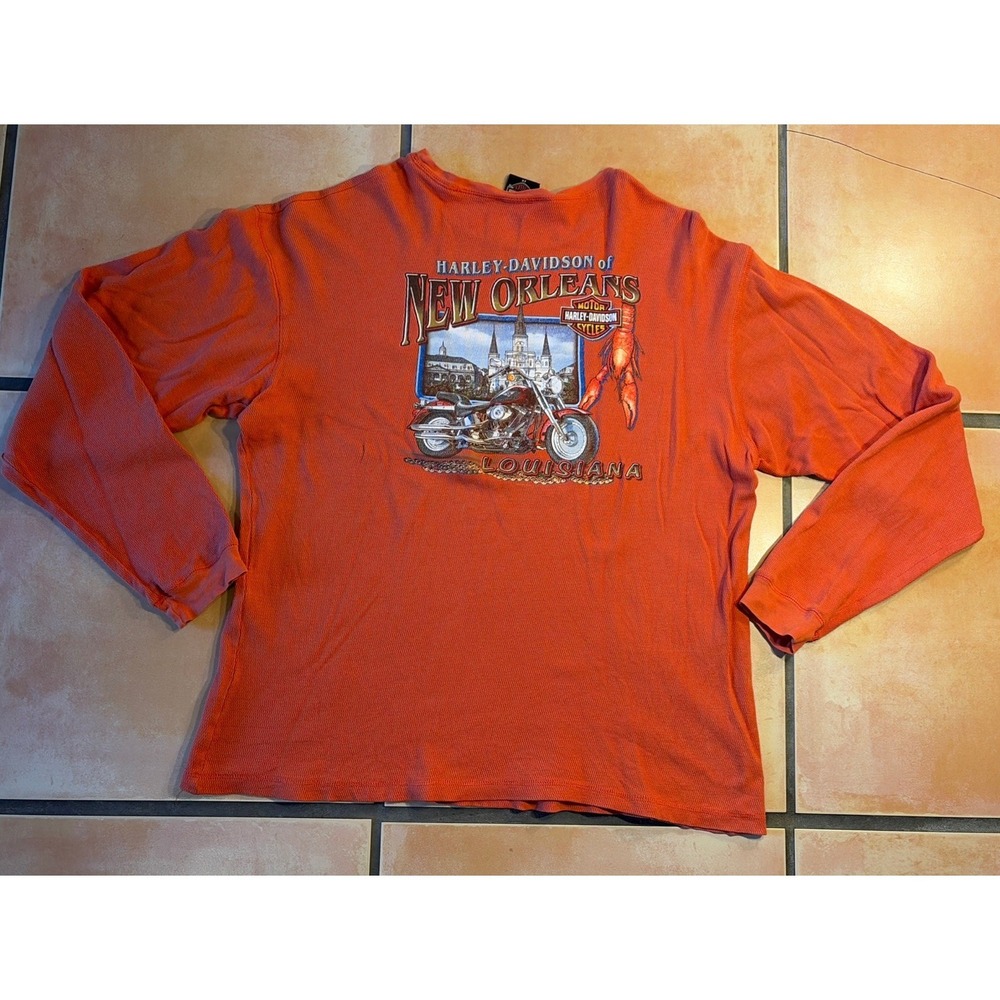 Vintage Y2K Harley Davidson New Orleans Men Long Sleeve Tee Orange 2X-Large